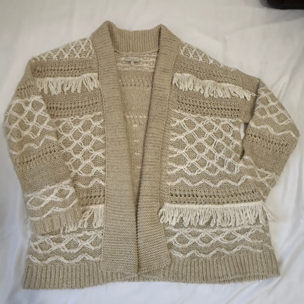 Lucky Brand Open Front Fringe Knit Cardigan Sweater Beige XL - Picture 2 of 15